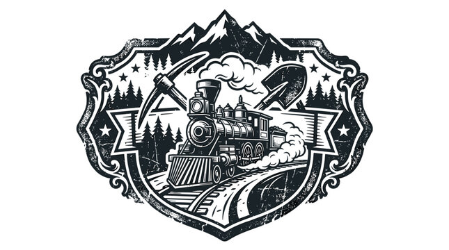 Mining steam train badge with mountains and tools.
