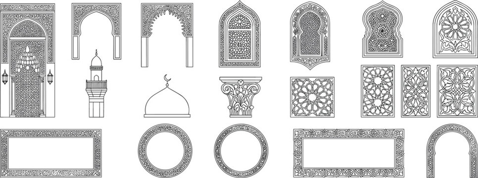 Islamic arabic architectural outline vector icon set featuring isolated traditional mosque arches windows minaret dome pillar and ornate oriental geometric frames