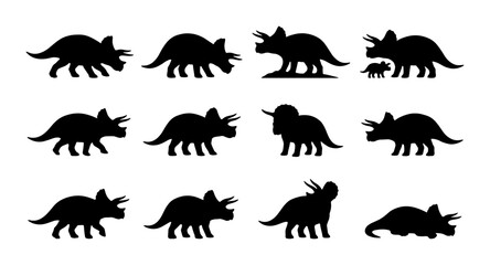 Set of 12 Black Triceratops Dinosaur Silhouettes, Vector Icons for Prehistoric Wildlife and Jurassic Era Designs © Arafat