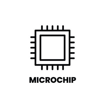 Black line art microchip icon on a white background representing integrated circuit technology and digital systems chip computer electronics