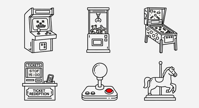 A collection of six arcade game illustrations including a pinball machine and classic video games on display