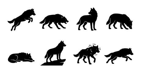 Obraz premium Wolf Silhouette Collection, Wild Animal Vector Icons, Nature Wildlife Graphics, Predator Poses Set