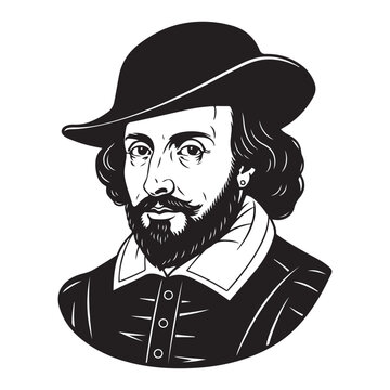 William Shakespeare portrait vector illustration with hat and beard for literature and theater themes