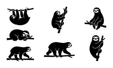 Fototapeta premium Set of 7 Black Silhouette Sloth Illustrations, Hanging, Climbing, Resting, Walking, Vector Art for Wildlife and Nature Designs