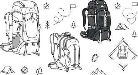 Hiking backpack camping gear line art vector icon set featuring tourist rucksack mountain trail tent compass adventure elements © Mstshneha