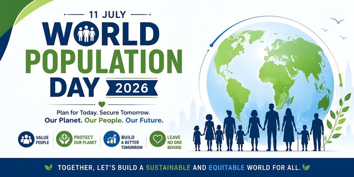 World population day 2026 celebration poster with earth and people silhouette