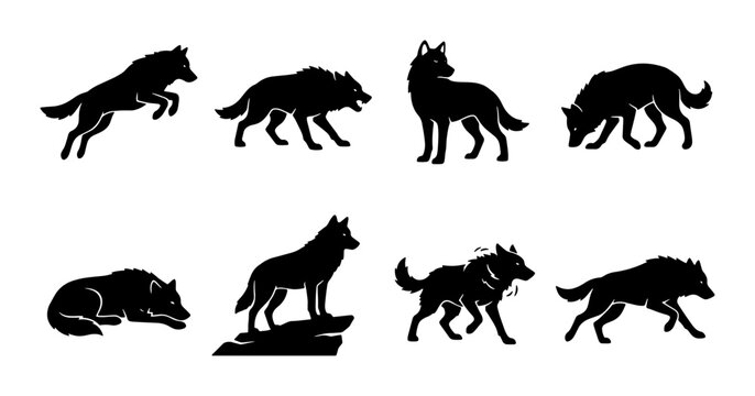Diverse Wolf Silhouettes Vector Pack, Wild Canine Animal Poses, Nature Wildlife Graphics, Predator Pack Icons