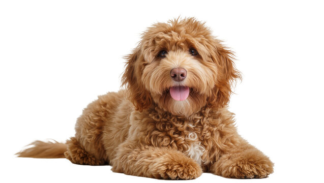 Fluffy golden doodle dog lying down with tongue out