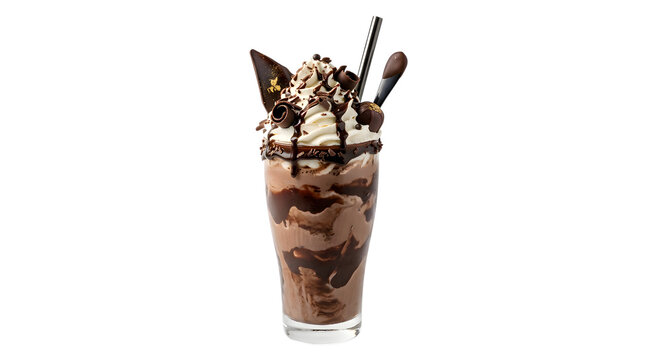 Gourmet Chocolate Shake with Fudge Drizzle and Whipped Cream Isolated on White