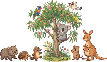 Cute cartoon Australian animals kangaroo koala wombat platypus quokka echidna under eucalyptus tree vector illustration isolated on white background for kids © Md