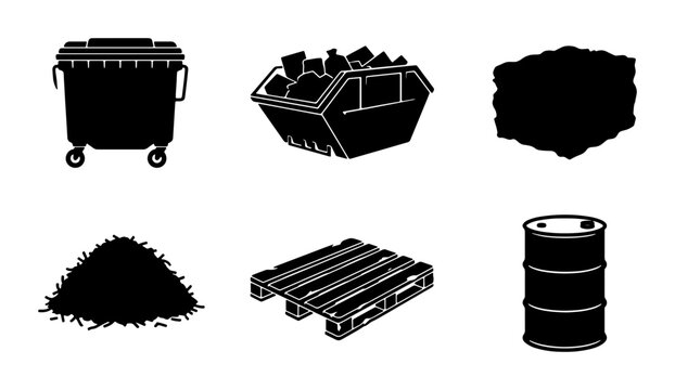 Waste Management Icons Set: Skip Bin, Wheelie Bin, Barrel, Pallet, and Debris Silhouettes for Industrial and Recycling Concepts