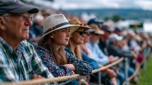 Falconry demonstration crowd at county agricultural show watching peregrine stoop from high circle toward lure swung by handler on field below, spectators along rope barrier, August showground atmos