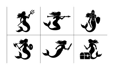 Obraz premium Mythical Mermaid Silhouettes Collection, Fantasy Sea Creatures Vector Icons, Warrior Sirens and Treasure Chest Graphics, Enchanting Underwater Characters Set
