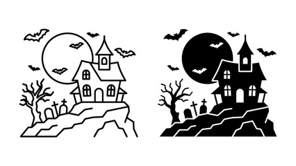 Spooky Mansion on a Hill: A haunted house stands ominously on a cliffside, under a full moon, with bats flying overhead and tombstones scattered nearby. Perfect for Halloween themes. © Nadim