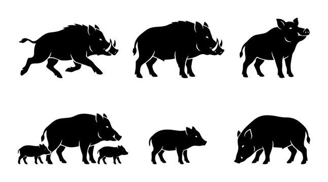 Wild Boar Silhouette Set, Forest Animal Vector Icons, Pig Family and Single Boar Graphics, Nature Wildlife Illustrations