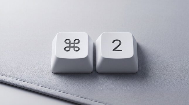 Close-up of Command and 2 keyboard keys, symbolizing a computer shortcut, digital command, or technology concept on a light grey surface.