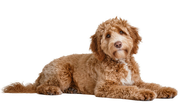 Fluffy golden doodle dog lying down with white chest