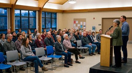 Obraz premium Diverse audience of community members listens attentively as woman speaks at podium during indoor public meeting or town hall event with engaged participants raising hands.
