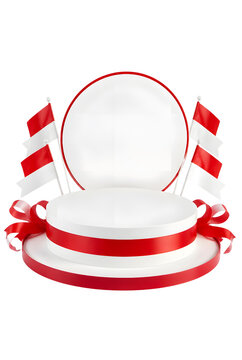 Red And White Celebration Podium With Blank Round Sign Flags And Curling Ribbons On Transparent Background