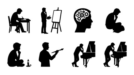 Creative Thinking and Artistic Pursuits: Silhouette Icons Set, 8 Elements, Vector Graphics for Inspiration and Ideas © parvin
