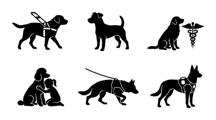 Fototapeta premium Dog Icons Set: Assistance, Companion, and Service Animals, Vector Silhouettes for Pet Care and Veterinary Graphics