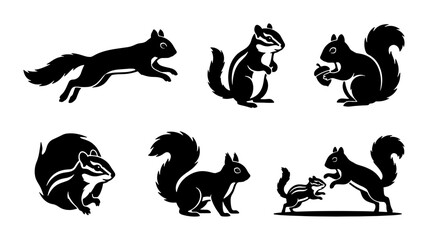 Naklejka premium Black Silhouette Squirrel and Chipmunk Vector Icons, Woodland Creature Set, Wild Animal Graphics for Nature Designs