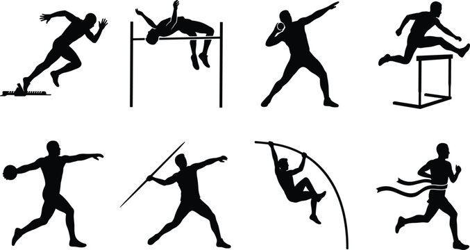 Track and Field Athletics Black Silhouette Collection Featuring Running Jumping Throwing and Pole Vault Sports Vector Set