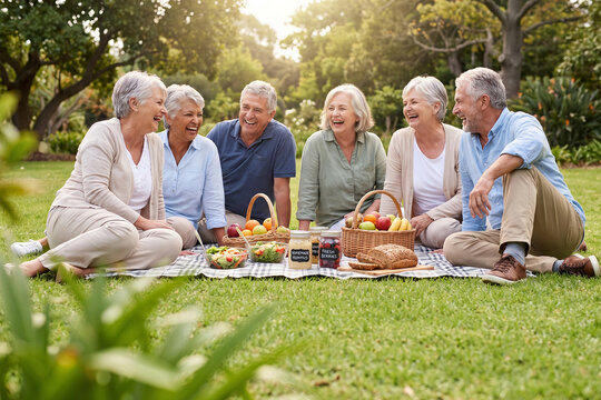 Group Senior Friends Enjoying Picnic Together on Green Lawn Garden