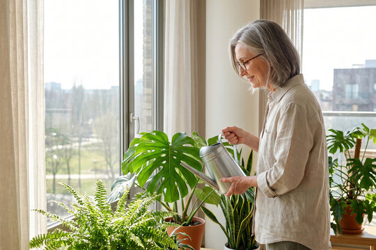 Senior Women Friends Caring for Indoor Tropical Plants by Window