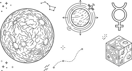 Astronomy space science exploration line art vector icon set featuring mercury planet astrological symbol satellite orbit cosmic cube © Mstshneha