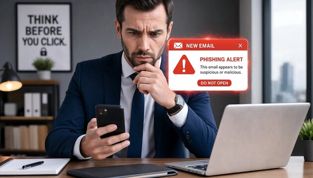 Man receiving phishing alert on smartphone with laptop and security poster