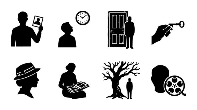 Silhouette Icons: Memory, Time, Opportunity, Mystery, Nostalgia, Growth, and Reflection. Vector Set for Conceptual Design.