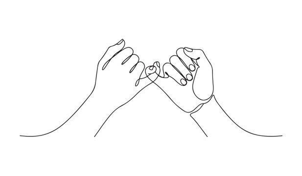 One line drawing of a couple holding pinky fingers for love, trust, and friendship concept.