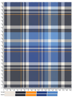 Blue, dark gray, and orange plaid seamless pattern, classic tartan check fabric texture, retro winter flannel textile background, vector illustration print design