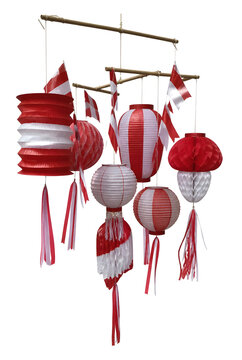 Red And White Hanging Paper Lantern Festival Decorations With Tassels On Transparent Background