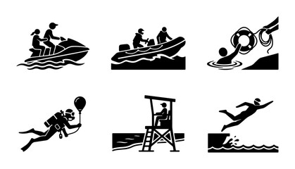 Obraz premium Water Sports and Recreation Icons: Jet Ski, Speedboat, Lifeguard, Scuba Diver, Swimming, Diving, Safety Symbols, Vector Set