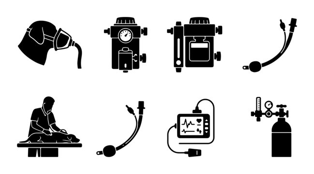 Medical Anesthesia Machine Icons, Ventilator Equipment Set, Healthcare Technology Vector Graphics, Surgical Tools Collection