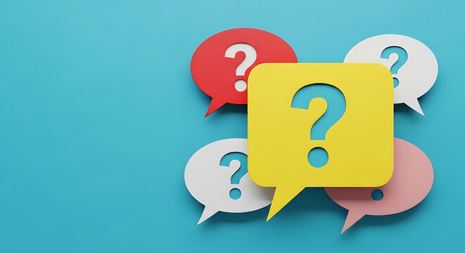 Group of colorful speech bubbles with question marks for fa qs and customer support questions communication information dialogue solution customer thinking colorful business analysis