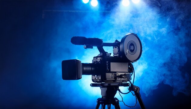 professional broadcast camera silhouetted against dramatic blue studio lights and atmospheric smoke ready for action