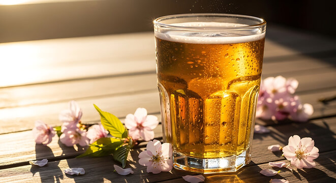 Cold glass of beer or cider on a wooden table at sunset surrounded by cherry blossom flowers