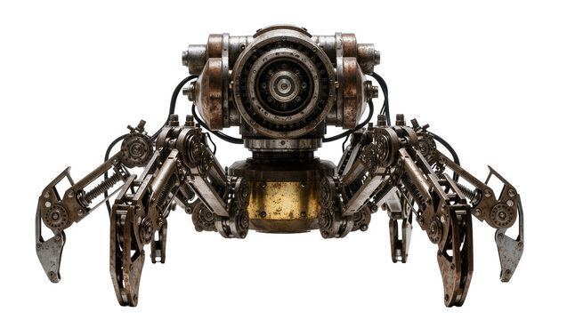 Steampunk mechanical spider robot with articulated legs and metallic body