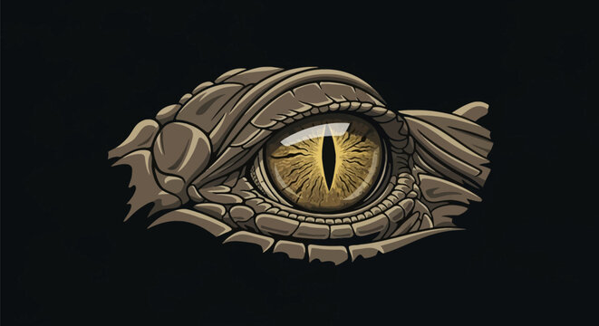 Detailed vector illustration of a crocodile eye featuring a sharp vertical slit pupil and textured reptilian scales, stylized animal eye artwork isolated on a black background.