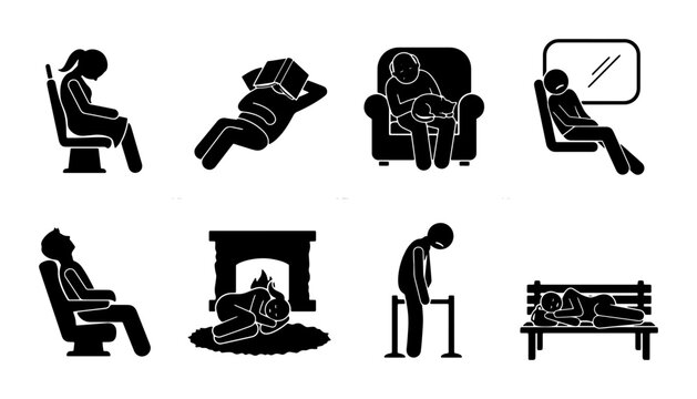 Resting Stick Figures Collection, Relaxing People Icons, Sleep and Downtime Vector Set, Human Poses for Leisure and Travel
