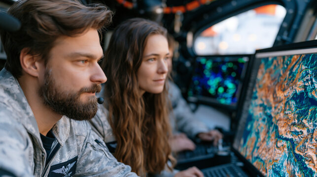 Submersible pilot and oceanographer reviewing sonar bathymetric scan of newly mapped seamount feature on control room display, deep-sea video feed showing bioluminescent organisms on secondary monit