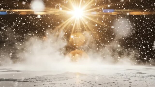 Realistic snowfall overlay with golden lens flare in winter night