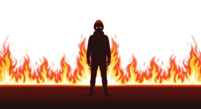 Vector illustration of a hooded human silhouette with glowing orange eyes standing before a horizontal wall of blazing cartoon fire and intense flames against a clean white background.