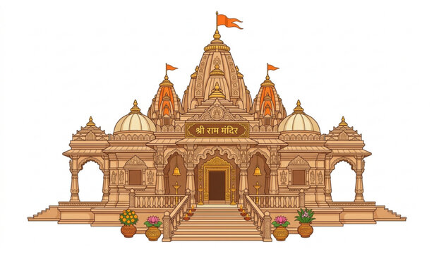 Decorative Indian Hindu Shree Ram Mandir Vector Illustration with Devanagari Text
