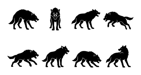 Obraz premium Wolf Silhouettes Vector Pack, Canine Animal Poses Collection, Wild Mammal Icons Set, Black and White Graphic Elements