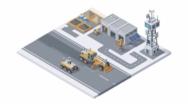 Isometric Construction Site with Heavy Machinery and Buildings.