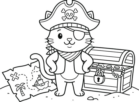 Cute pirate cat with treasure chest, map and hat. coloring page illustration for children.